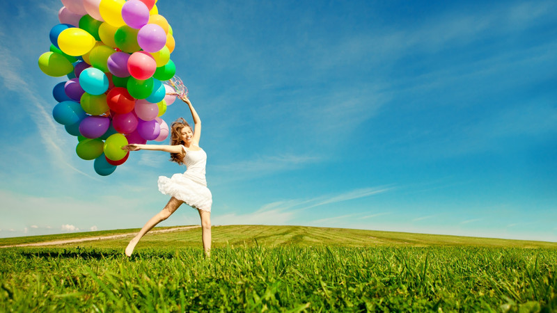 радость, девушка, прыжок, воздушные шары